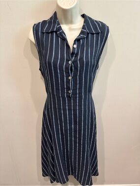 Sleeveless linen Navy Stripe Button-Front Dress Medium